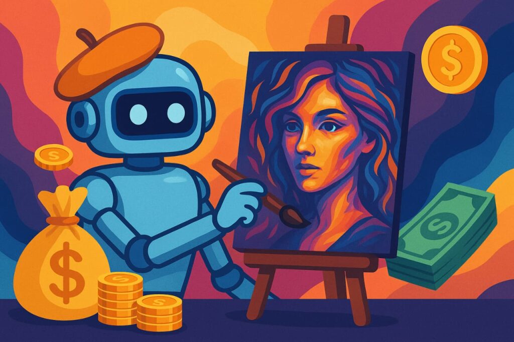 A robot artist painting a vibrant portrait surrounded by money symbols, illustrating the concept of making money with AI