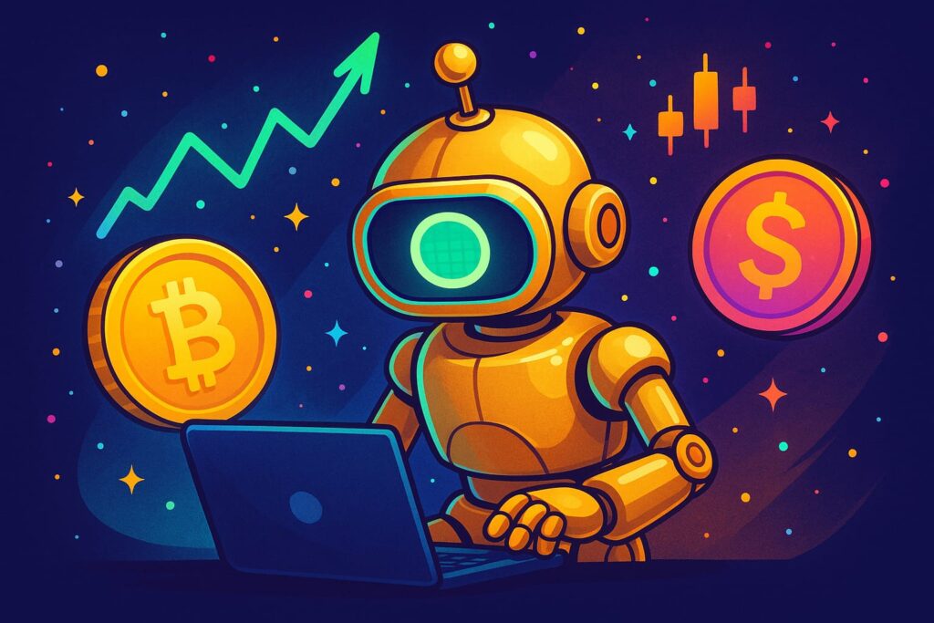 AI trading Bot. A Ceative digital illustration of a golden ai robot analyzing stock charts on multiple futuristic screens .it symbolize the concept of ai trading bots in a modern tech savvy environment