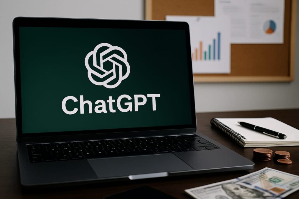A laptop displaying the ChatGPT logo on its screen sits on a desk with financial elements like dollar bills, coins, a spiral notebook, and a pen, with a blurred corkboard featuring colorful charts in the background.