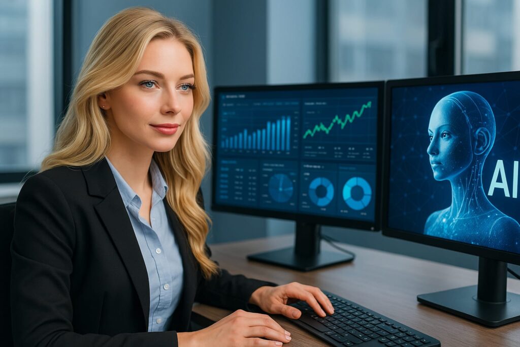 a beautiful blonde employee in office attire sitting in front of monitors they have a pic of AI robot and another one has graphs and charts. THis shows the use of AI at work