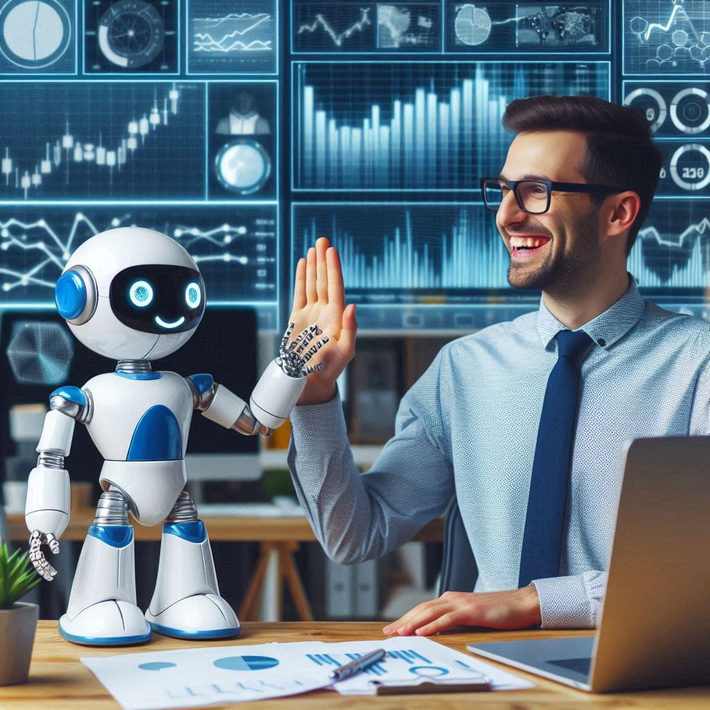 a man high five the robot that shows AI representation. there is laptop infront of him. in background their are charts and graphs which shows a office setting . this picture depict the unity between AI and humans at work