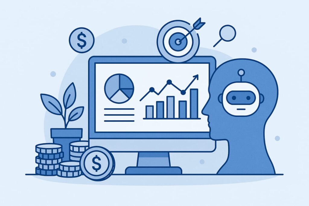 A 2D vector illustration in blue tones showing AI-assisted financial management. The image features a computer monitor displaying a dashboard with bar and pie charts, a human head with a robot face symbolizing AI, stacks of coins, a plant indicating financial growth, a target with an arrow, and various financial icons like dollar signs and a magnifying glass. The layout conveys the concept of smart budgeting and automation using AI tools.