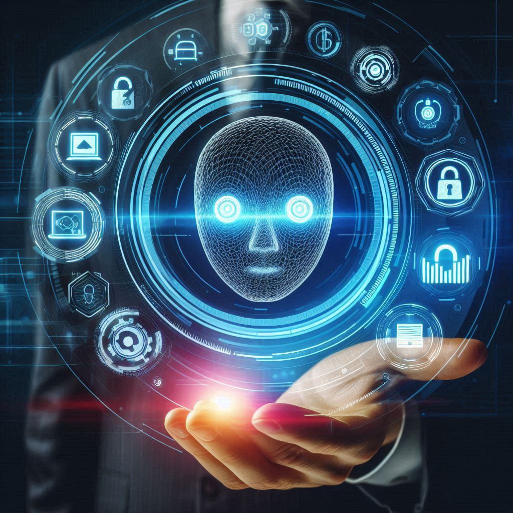 a human hand on which there is a ai head with different neo colour holograms showing the ai in human hands