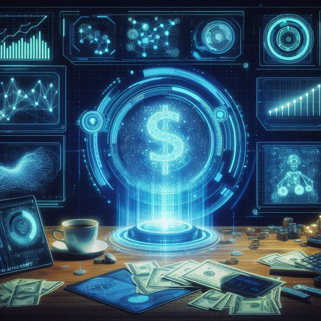 sign with holograms depicting AI finance tools